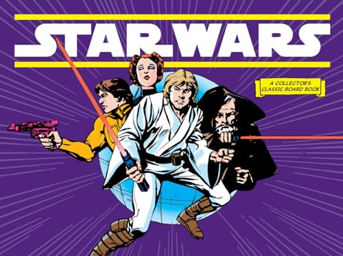 Comic-style illustration of Luke, Leia, Han, and Obi-Wan against a purple starburst background.