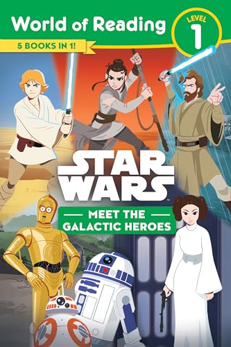 Star Wars heroes Rey, Luke, Obi-Wan, Leia, and droids on book cover.