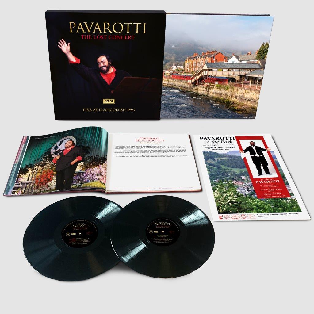 Pavarotti’s 1995 “The Lost Concert” vinyl record with album cover and inserts.