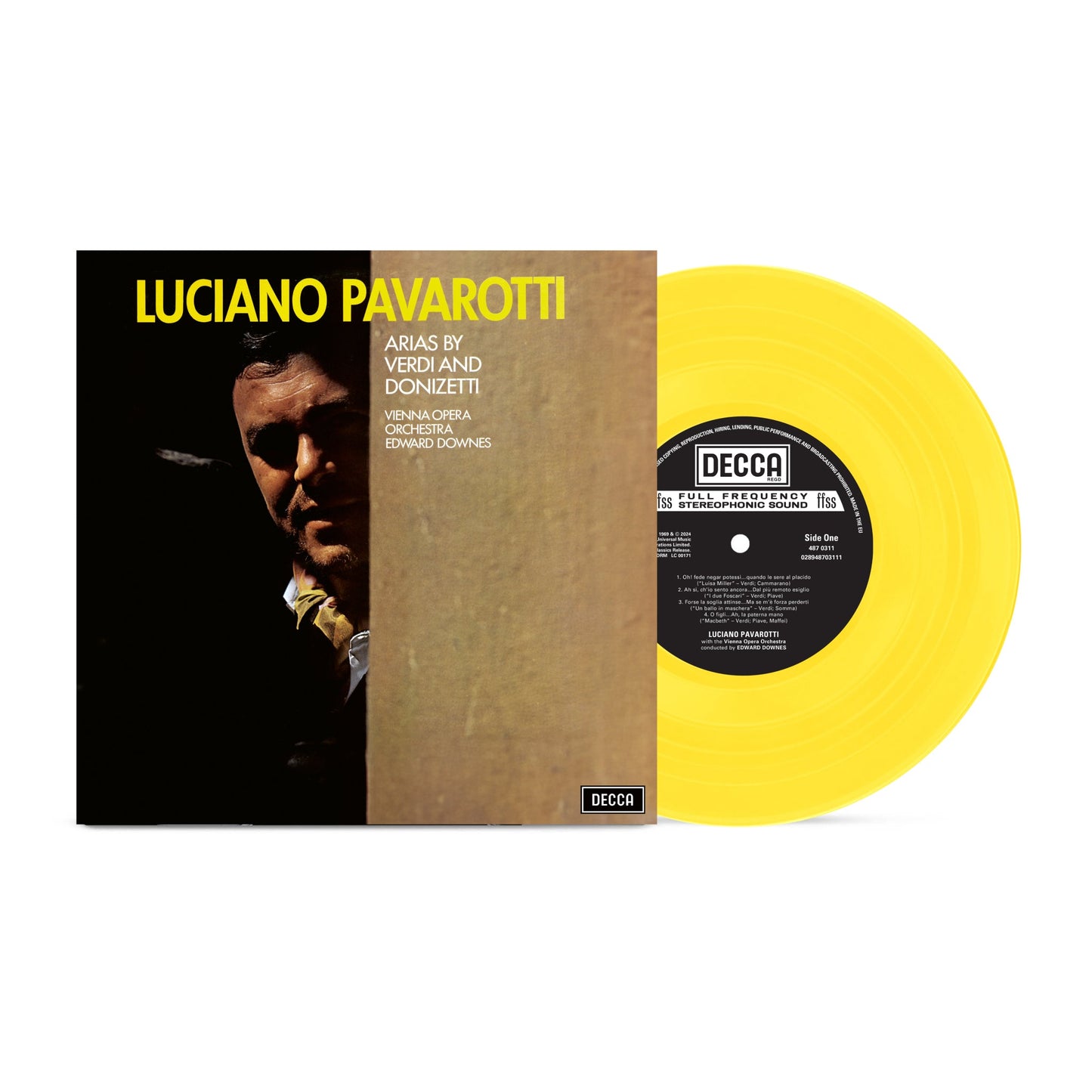Yellow vinyl record featuring Luciano Pavarotti’s portrait and Decca label.