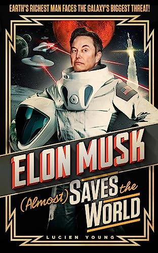 Book cover featuring Elon Musk in a spacesuit, with planets and UFOs.