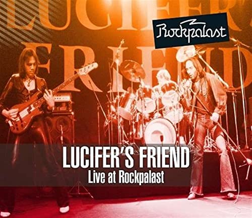 Lucifer’s Friend band performing live on stage, CD cover art.