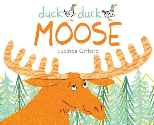 Book cover: orange moose with large antlers, two ducks above title.