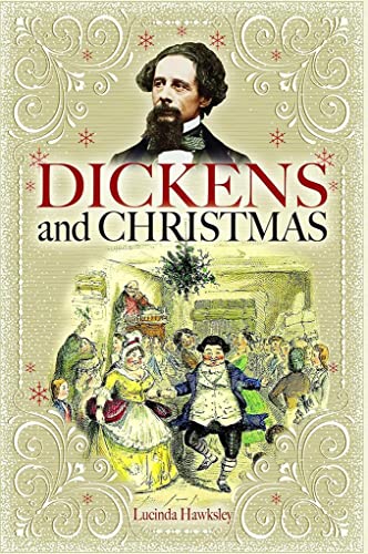 Book cover: portrait of Dickens with Victorian Christmas scene below.