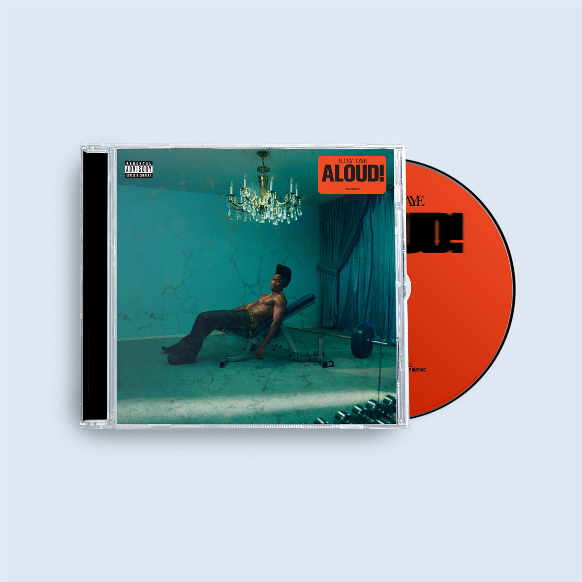 Lucky Daye's "Aloud" CD case with a man reclining and a chandelier.