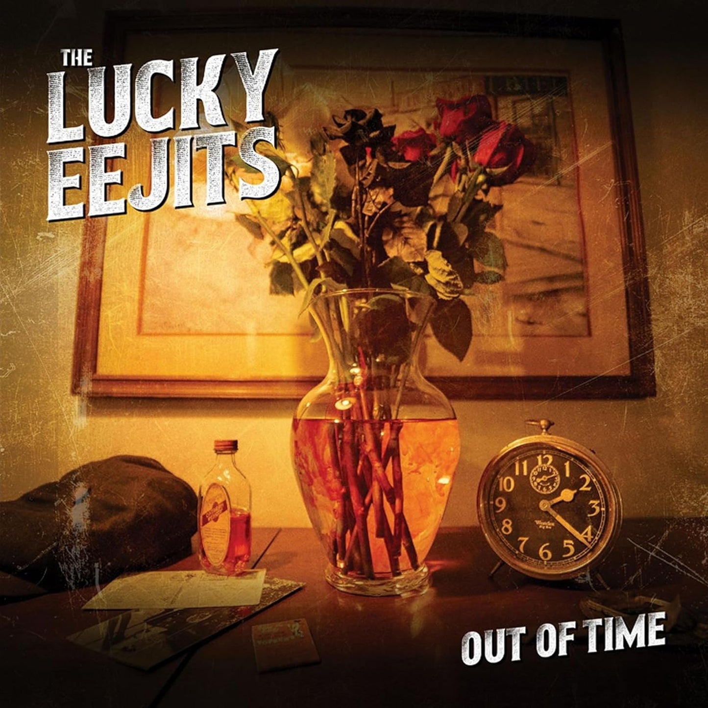 Vinyl record of Lucky Eejits’ “Out Of Time,” featuring album artwork.