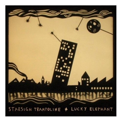 Silhouetted cityscape under a starry sky, CD cover for Lucky Elephant.
