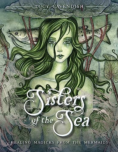 An illustrated mermaid with long green hair surrounded by water plants and fish.