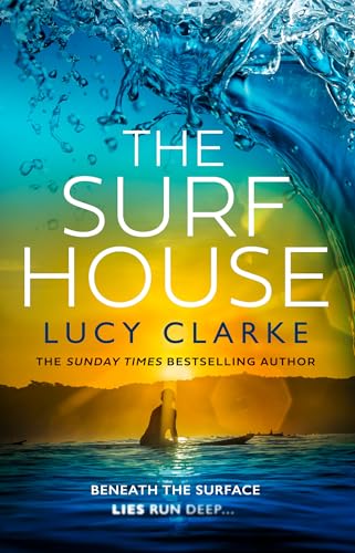 Book cover for "The Surf House" with ocean waves and sunset.