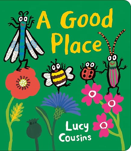 Book cover with colorful insects and flowers on a green background.