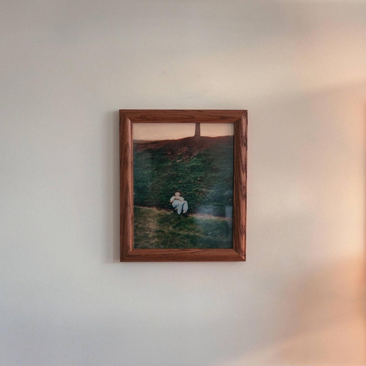 Framed album cover of a person on a grassy hill.