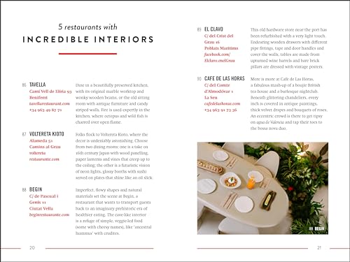 Book page displaying text about Valencia restaurants with interior photos.