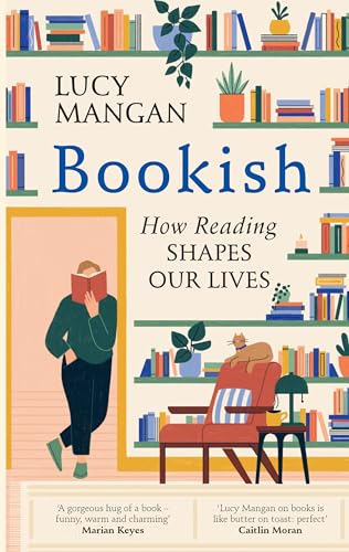 Book cover with title and author name on a background with reading-related imagery.