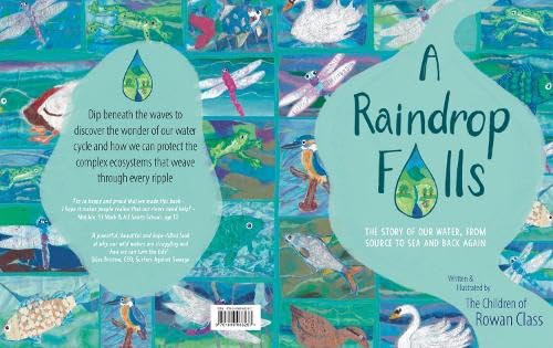 Book cover depicting water cycle with animals, titled “A Raindrop Falls”.