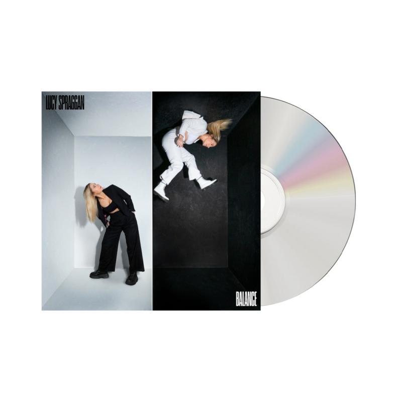 Lucy Spraggan's "Balance" CD with artist in dynamic pose and reflective disc.