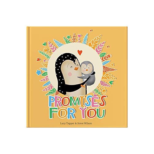 Book cover with a yellow background, illustrated penguins, and colorful floral wreath design.