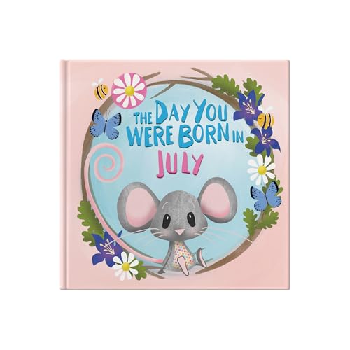 Children’s book cover with a mouse, flowers, butterflies, and “July” title.
