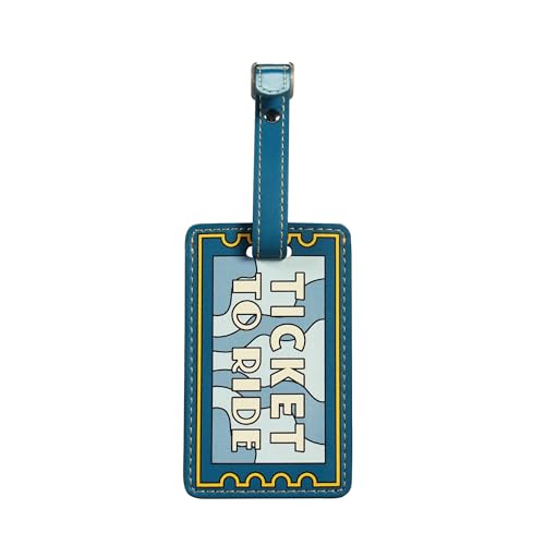 Blue luggage tag with "Ticket To Ride" text in a vintage style.