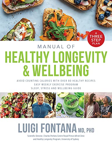 Book cover titled Manual of Healthy Longevity & Wellbeing featuring food and lifestyle photos.