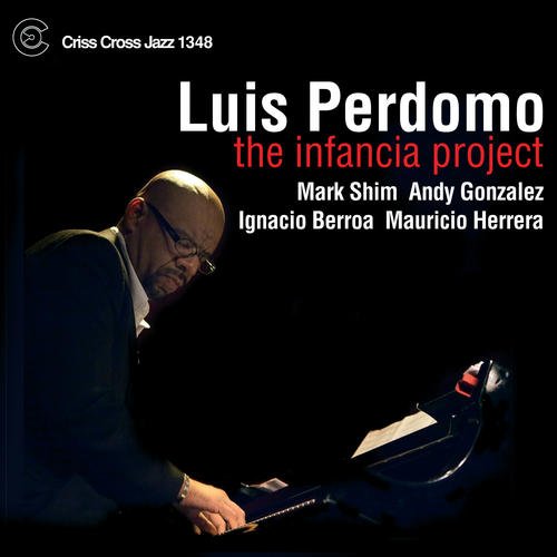 Luis Perdomo playing piano on a jazz album cover with black background.