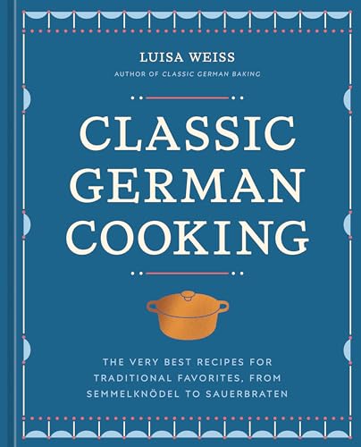 Blue cookbook cover with white text, a pot illustration, and recipe details.