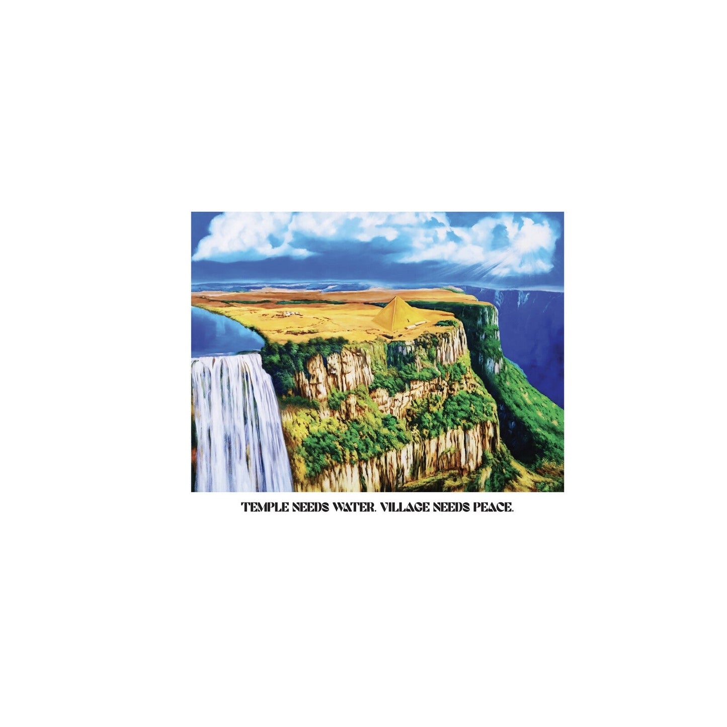 Vinyl album cover depicting a pyramid landscape with a waterfall.