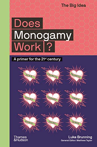 Book cover with bold text "Does Monogamy Work?" and repeating heart motifs.