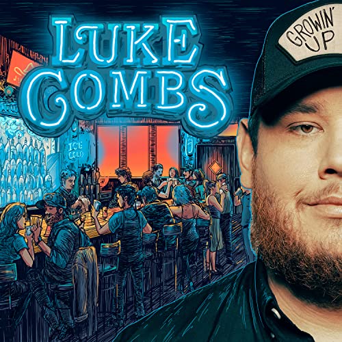 Luke Combs wearing a Growin' Up hat in front of a illustrated bar scene.