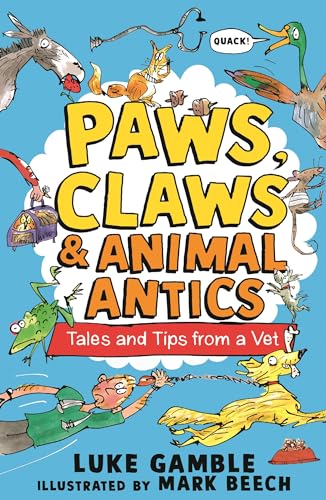 Book cover with cartoon animals and title Paws, Claws and Animal Antics.