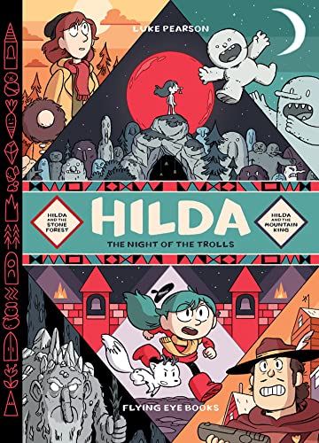 Comic book cover featuring Hilda, trolls, and other characters in a split-panel illustration.