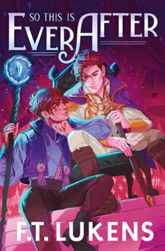 Two young men in fantasy attire sit together on a throne against a pink background.