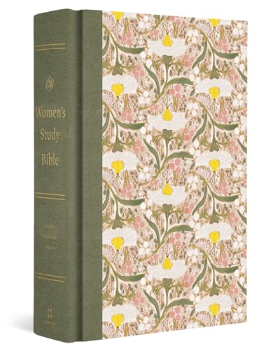 Closed Bible with floral patterned cover and green spine.
