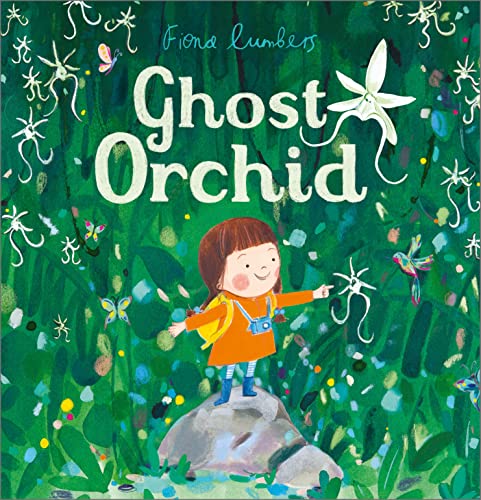 Book cover: girl in green landscape reaching for a white orchid.