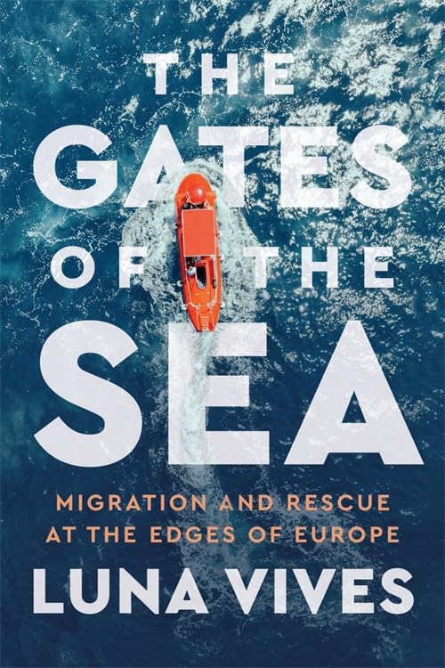 Book cover: blue sea with a small orange rescue boat, white text.
