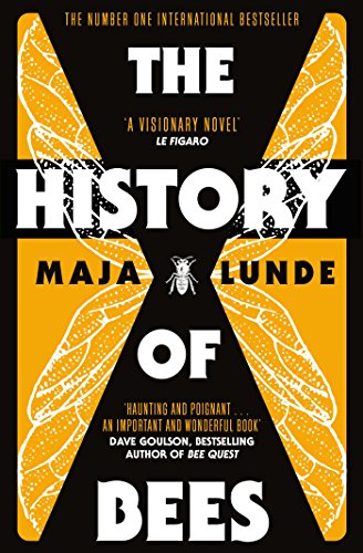 Book cover for "The History of Bees" with bee and honeycomb design.