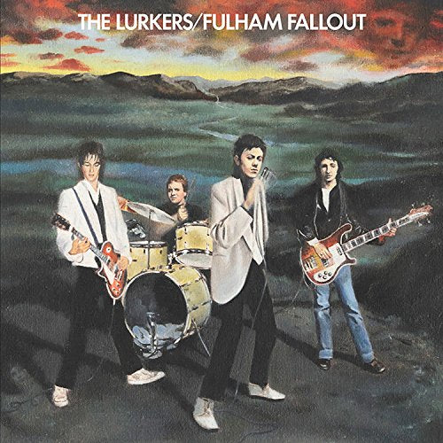 Painted album cover of four musicians with instruments, outdoor background.