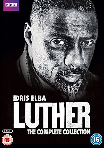 "Luther DVD cover featuring Idris Elba with a stern expression, black background, BBC logo."