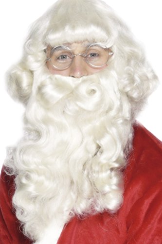Man wearing a long, curly white Santa beard and glasses.