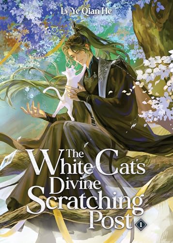Novel cover: man holding a white cat amidst blossoming branches.