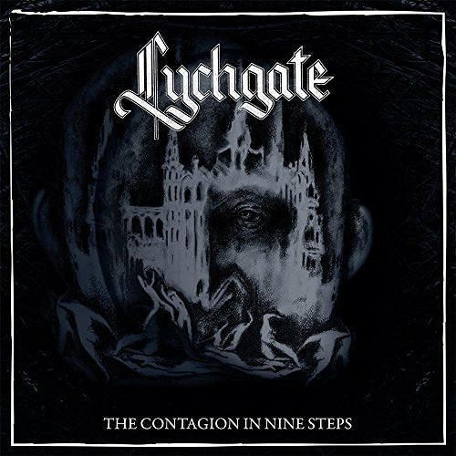 Dark album cover featuring a distorted face with a gothic building inside.