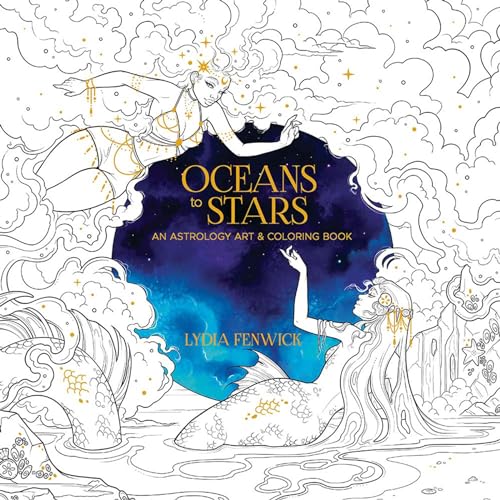 Astrology coloring book cover with mermaids, stars, and celestial figures.