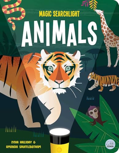 Book cover with illustrated tiger, giraffe, monkey, and a flashlight beam.