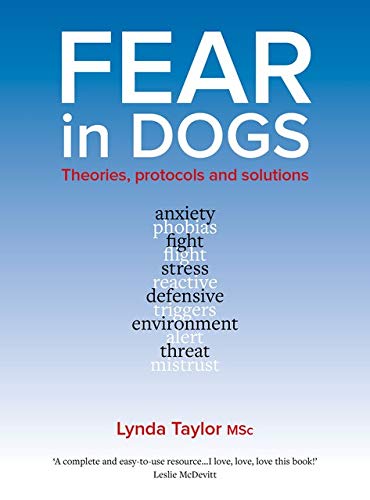 Book cover: "Fear in Dogs" with text listing anxiety-related behaviors.