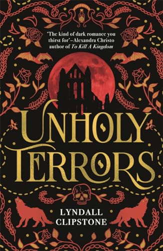Book cover with a red moon, gothic ruins, wolves, and gold text on black.