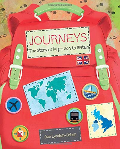 Red backpack covered in travel stickers and a Union Jack.