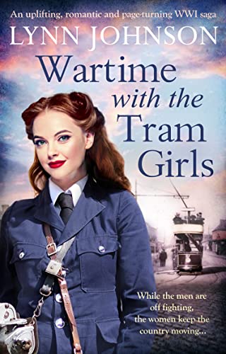 Book cover: woman in uniform, vintage tram, wartime setting.