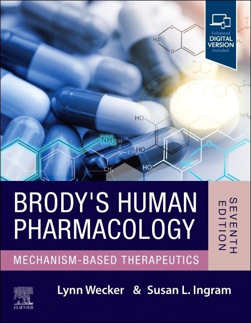 Cover of "Brody's Human Pharmacology" textbook with pills and molecular structures.