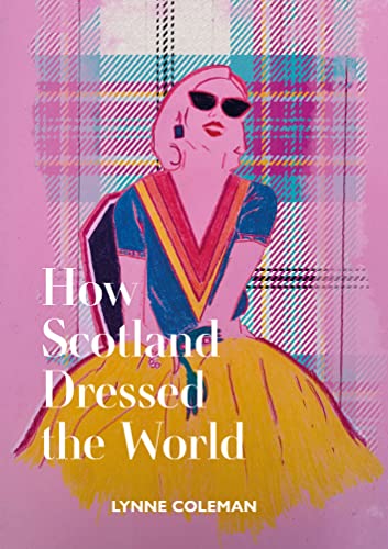 Book cover: pink illustration of a woman in vintage fashion, tartan background.