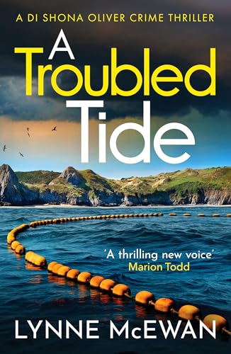 Book cover: stormy seascape with orange buoys, title “A Troubled Tide”.