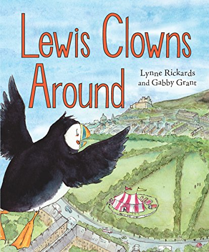 Puffin flies over a painted town with a circus tent below.